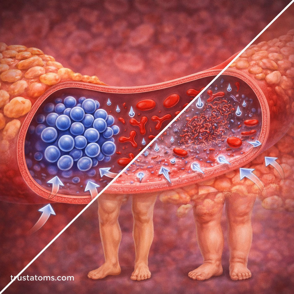 Split diagram showing normal osmotic pressure pulling fluid into blood vessels versus disrupted pressure causing fluid buildup and swelling in tissues.