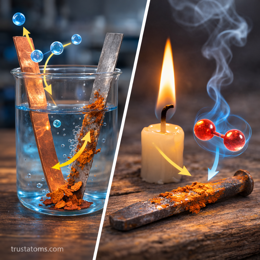 Split illustration showing oxidation examples including rust forming on metal nails and corrosion on a battery during chemical reactions.