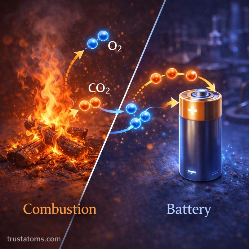 Diagonal split illustration showing combustion on one side and a battery on the other, representing oxidation and reduction processes in real-world reactions.