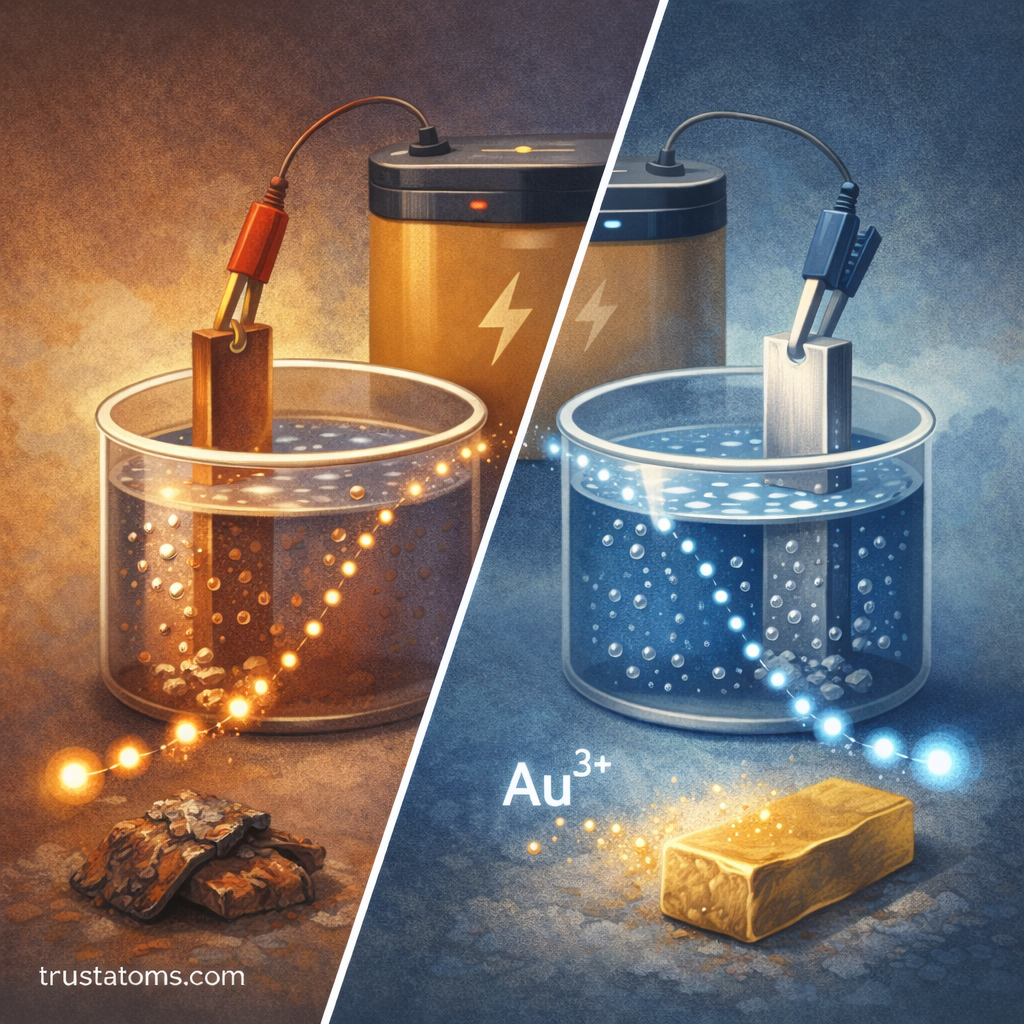Split illustration showing oxidation on one side and reduction on the other, demonstrating electron transfer between metal electrodes in a redox reaction.