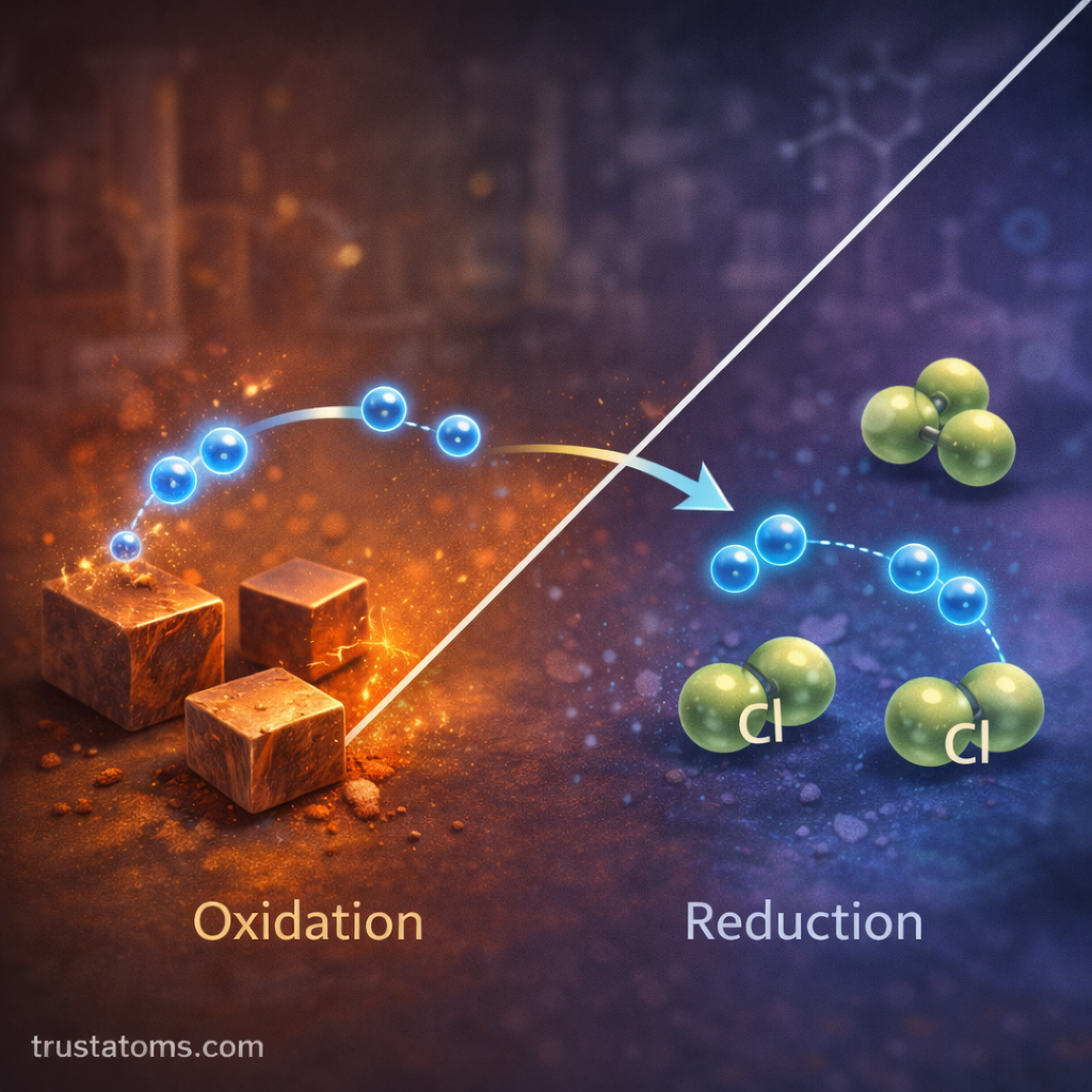 Diagonal split illustration showing oxidation on one side with metal losing electrons and reduction on the other side with particles gaining electrons in a redox reaction.