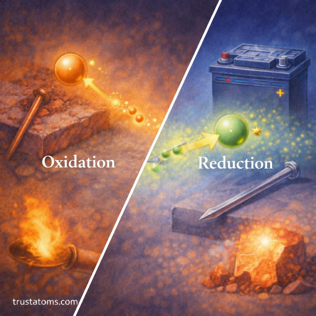 Split illustration showing oxidation and reduction processes with electron transfer, including examples like rusting metal, batteries, and combustion.