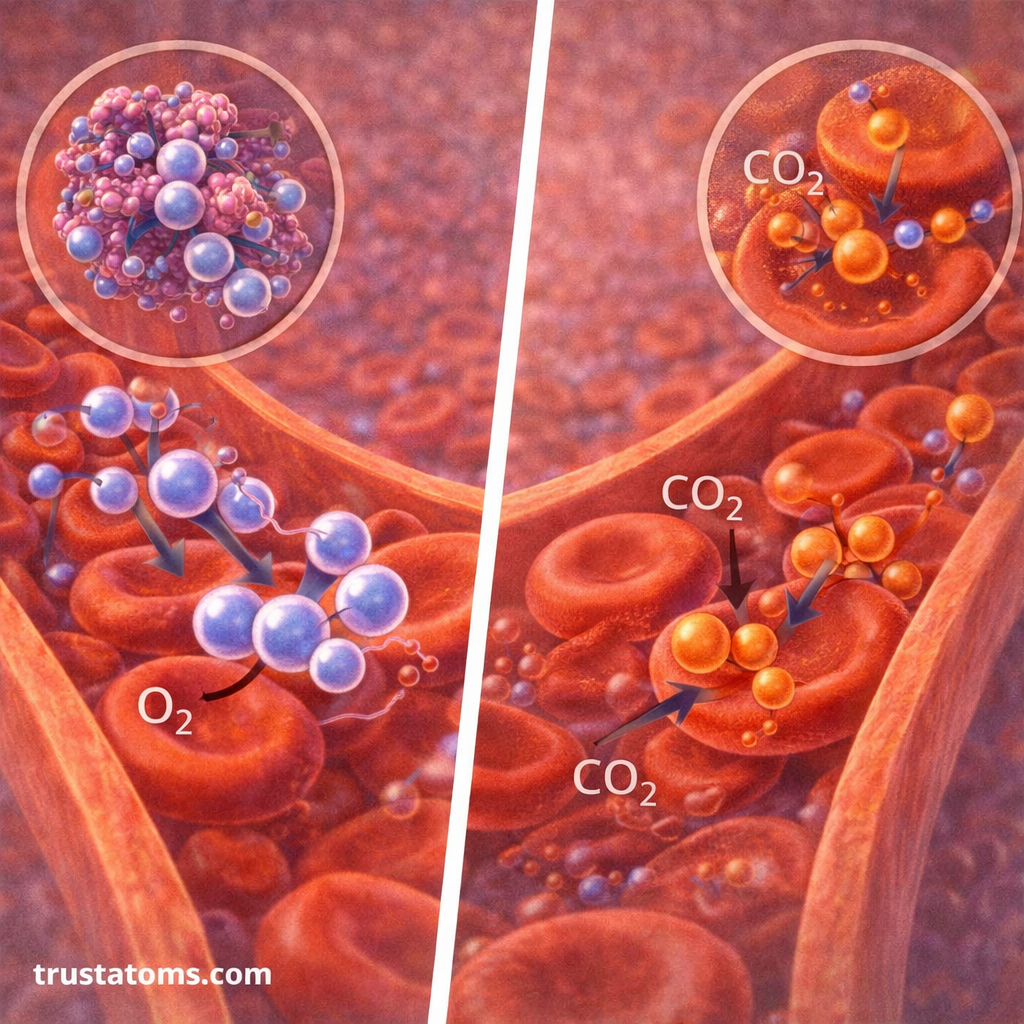Split illustration showing hemoglobin binding oxygen on one side and carbon dioxide on the other in red blood cells.
