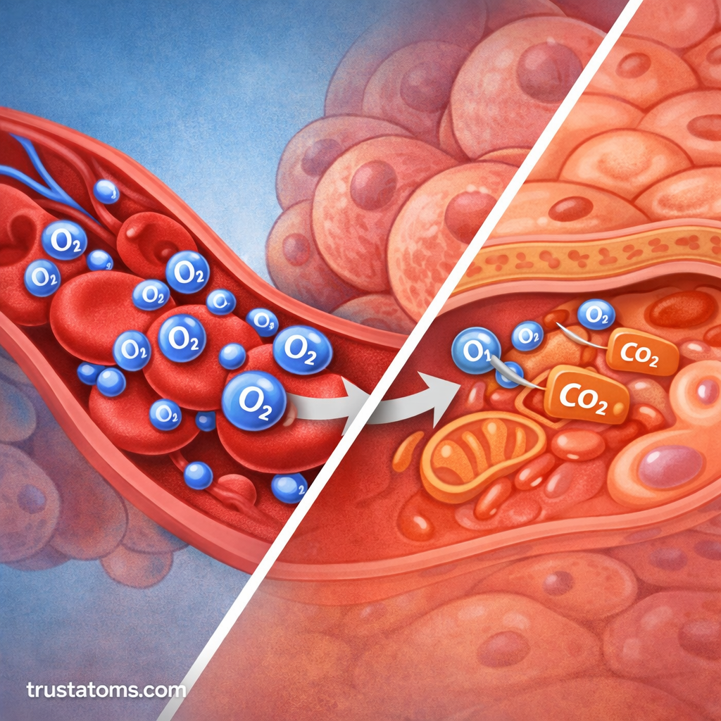Split diagram showing oxygen being delivered from red blood cells to tissues and carbon dioxide returning to the bloodstream.