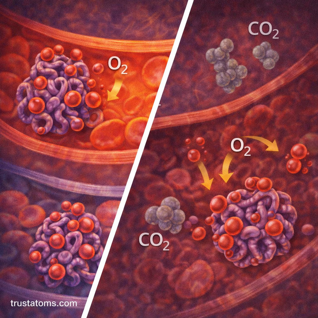 Split illustration showing oxygen binding to hemoglobin in high oxygen conditions and oxygen being released in high carbon dioxide conditions.