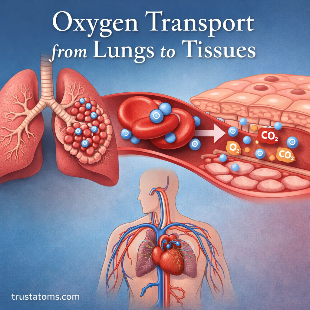 Illustration showing oxygen transport from the lungs through the bloodstream to body tissues.