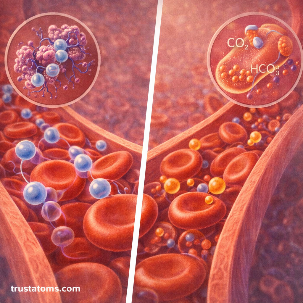 Split illustration showing red blood cells carrying oxygen on one side and carbon dioxide transport on the other.