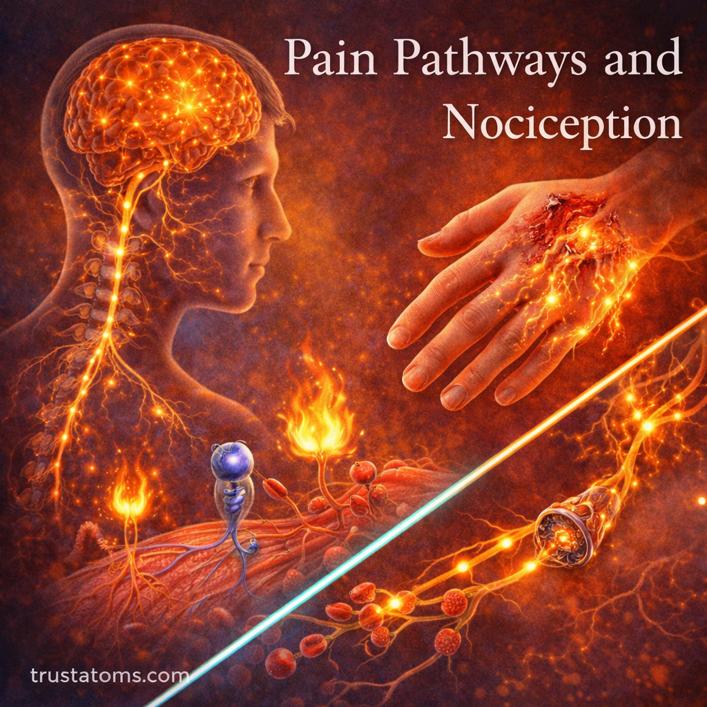 Illustration showing pain pathways where nociceptors detect injury and transmit signals through the spinal cord to the brain.