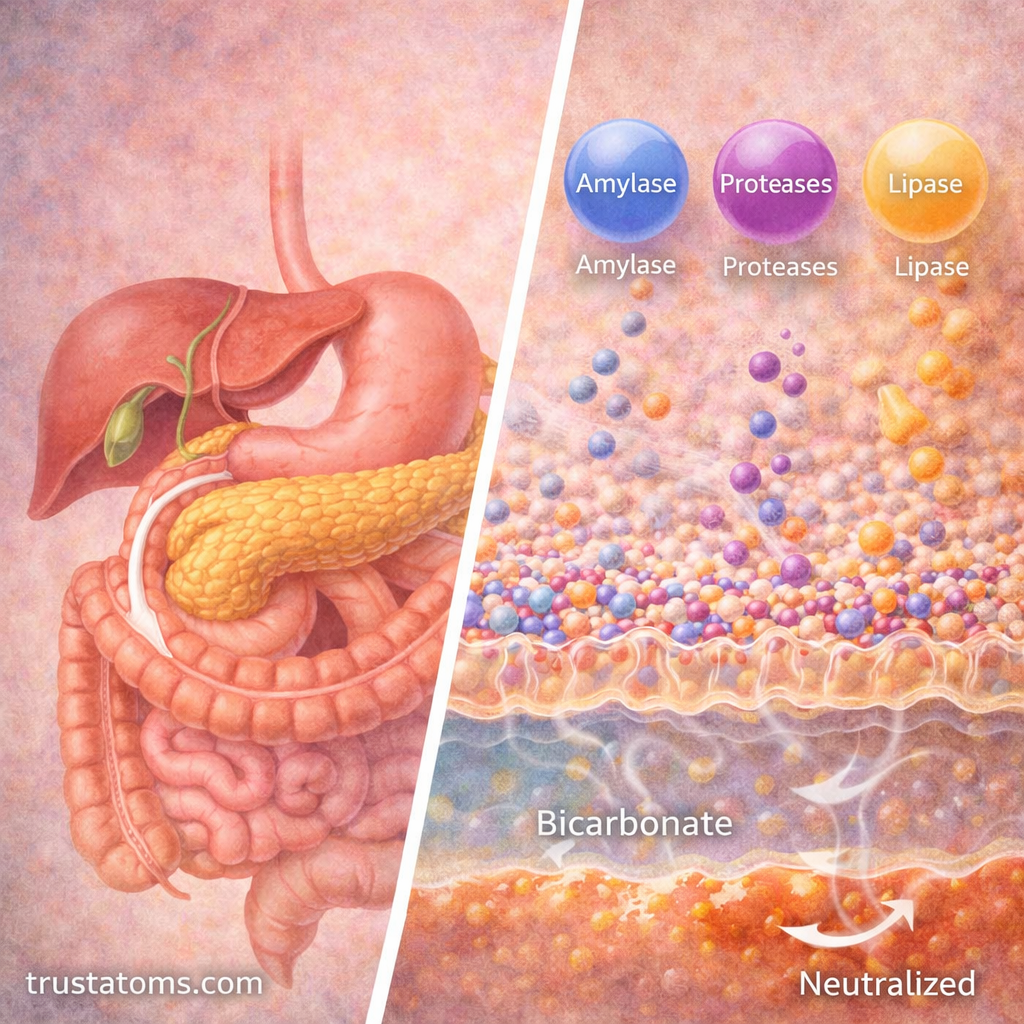 Split diagram showing pancreas releasing digestive enzymes and bicarbonate neutralizing acidic chyme in the small intestine.