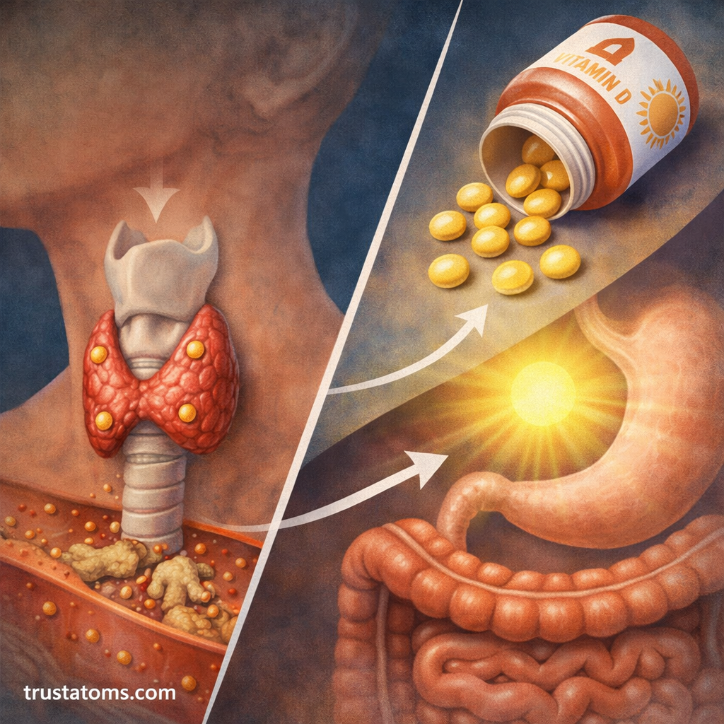 Split diagram showing parathyroid hormone activity in the neck and vitamin D aiding calcium absorption in the intestines.
