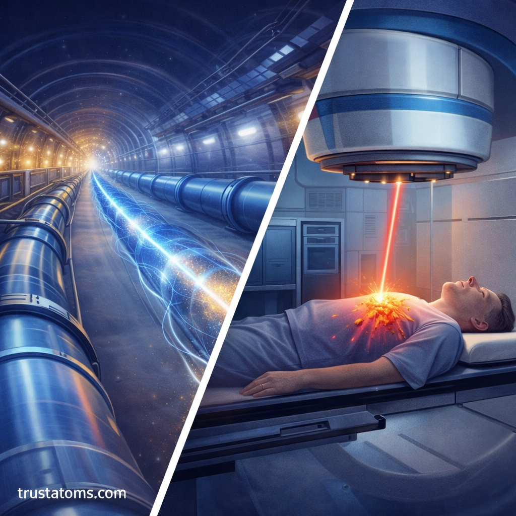 Diagonal split illustration showing a linear particle accelerator tunnel on one side and a medical proton therapy system treating a patient on the other.