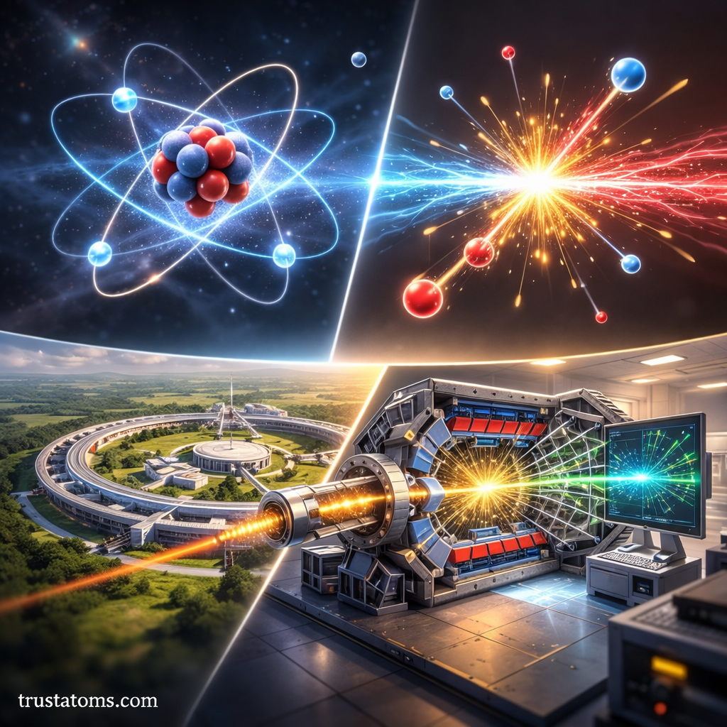 Educational split diagram showing an atomic structure, particle collision, and particle accelerator used in particle physics research.