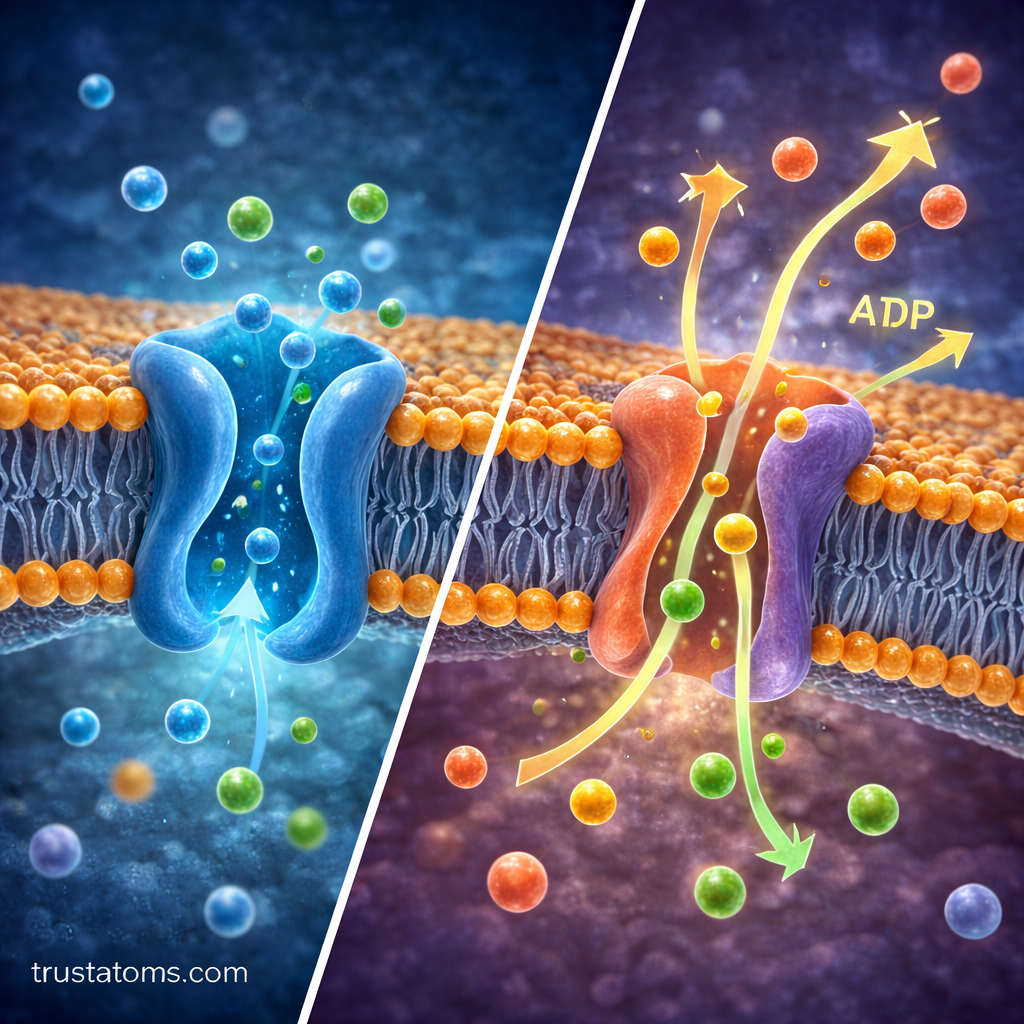 Split illustration showing passive ion diffusion through a channel and active ion transport using a membrane pump.