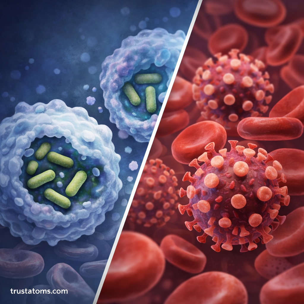 Split illustration showing a macrophage attempting to destroy bacteria on one side and virus particles moving among red blood cells to evade immune detection on the other.