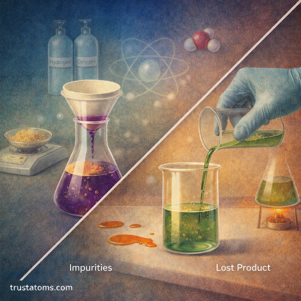 Split chemistry illustration showing impurities during filtration and product loss during transfer affecting percent yield in a laboratory experiment.