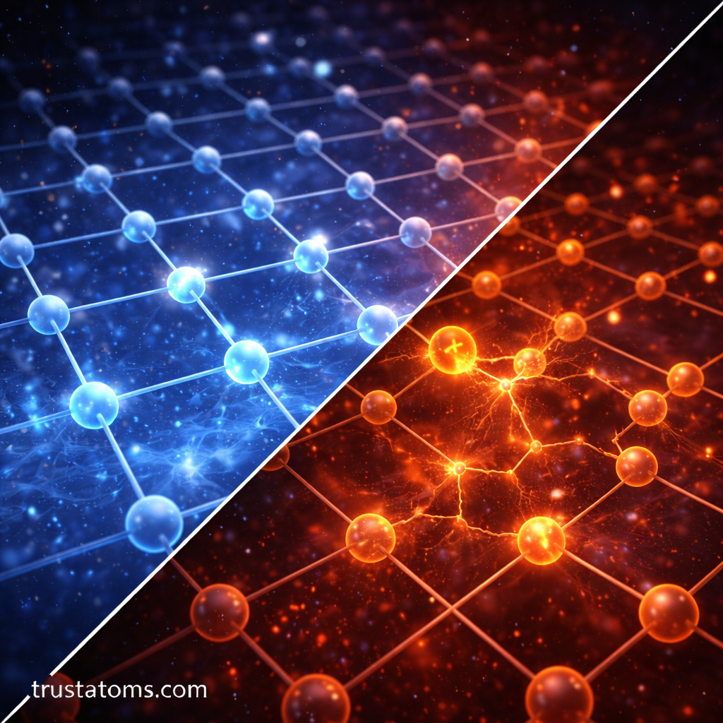 Diagonal split illustration comparing a perfect crystal lattice and a defective lattice with atomic imperfections, featuring trustatoms.com watermark.