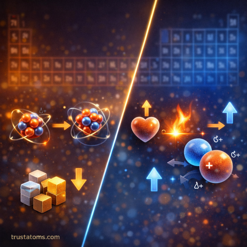 Split illustration showing atomic size and metallic character on one side and ionization energy and electronegativity trends on the other.