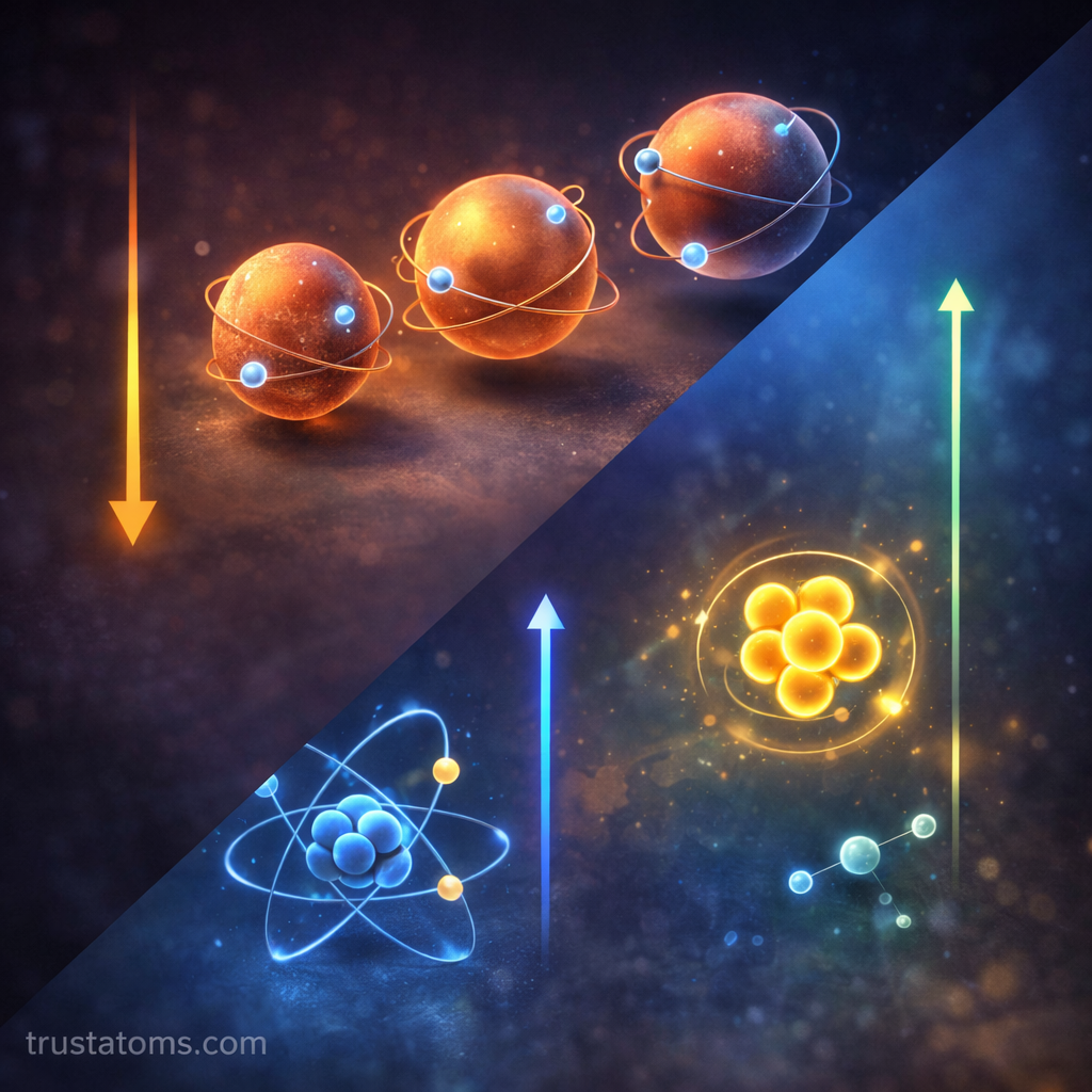 Diagonal split chemistry illustration showing increasing and decreasing atomic size alongside upward trend indicators representing ionization energy and electronegativity, trustatoms.com watermark bottom left.