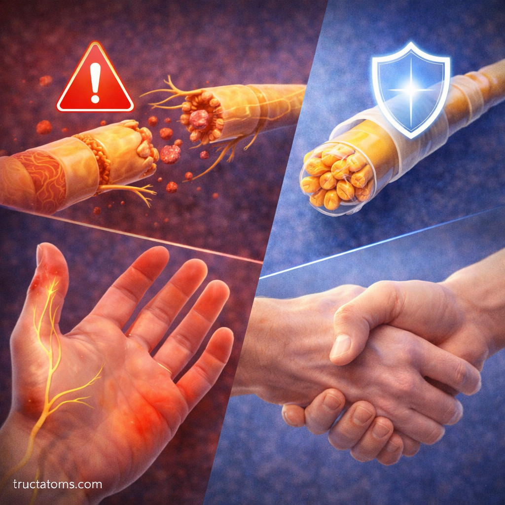 Split illustration showing damaged peripheral nerve fibers compared to a healthy nerve and its effect on hand sensation.