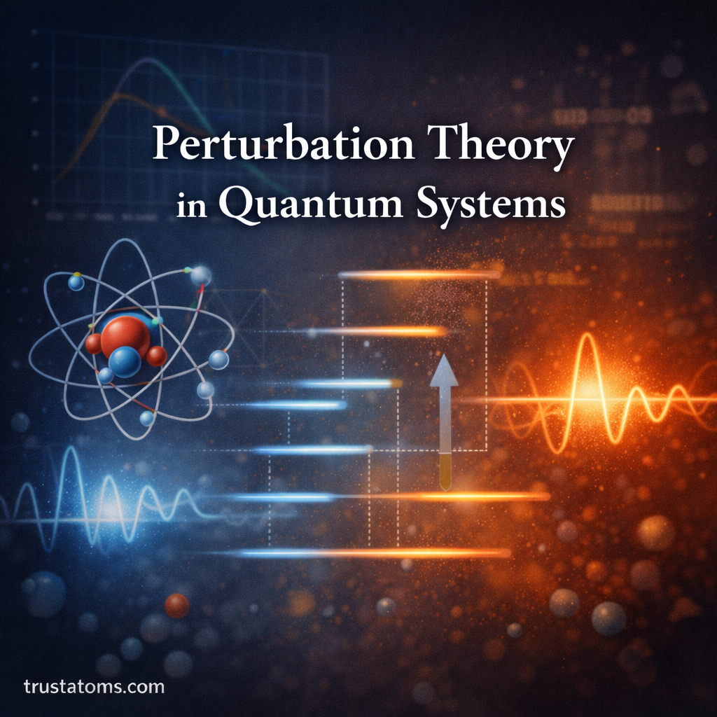 Illustration representing perturbation theory in quantum systems with atomic model, energy level shifts, and wave behavior, trustatoms.com watermark.