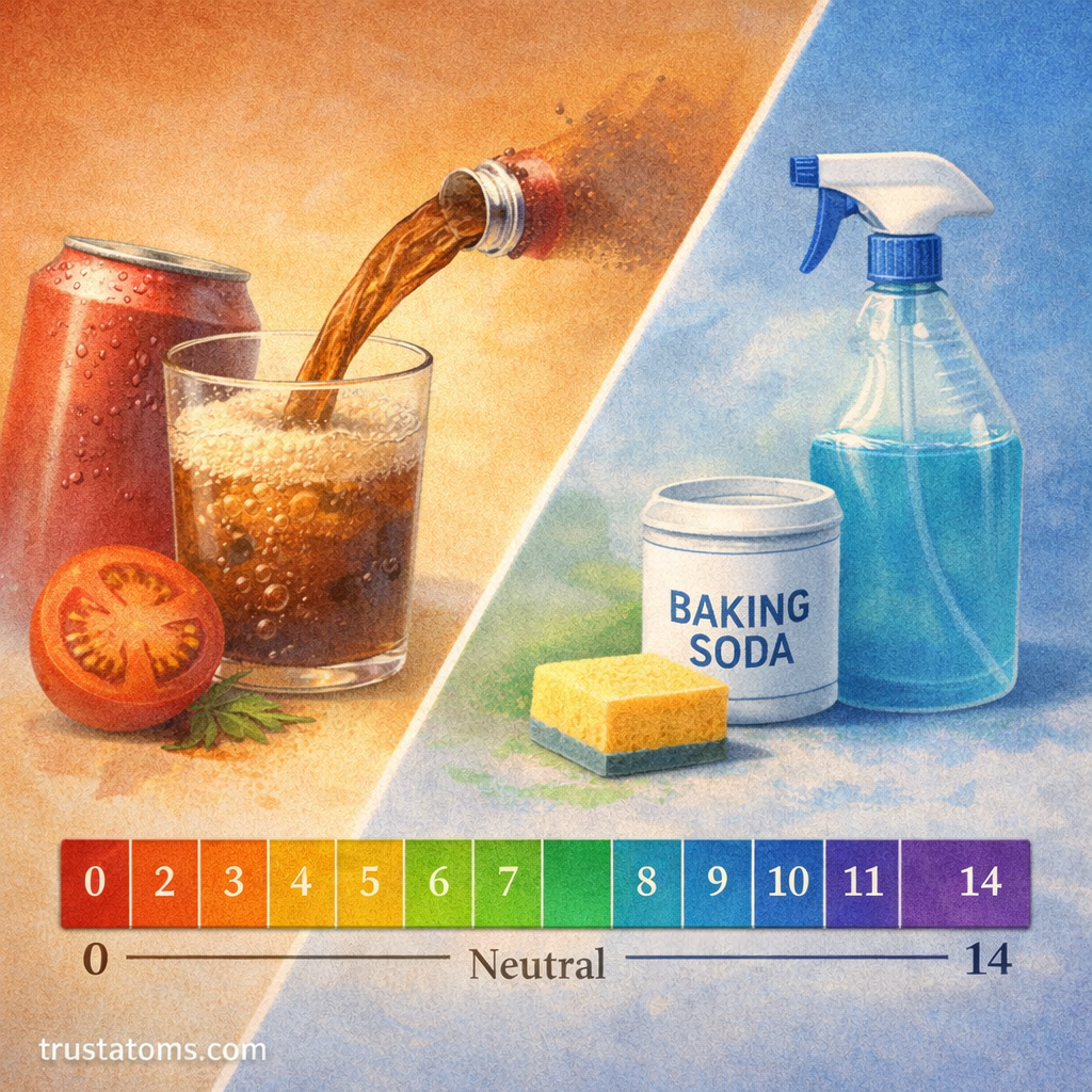 Split illustration showing acidic examples like soda and tomato on one side and basic examples like baking soda and cleaning spray on the other.