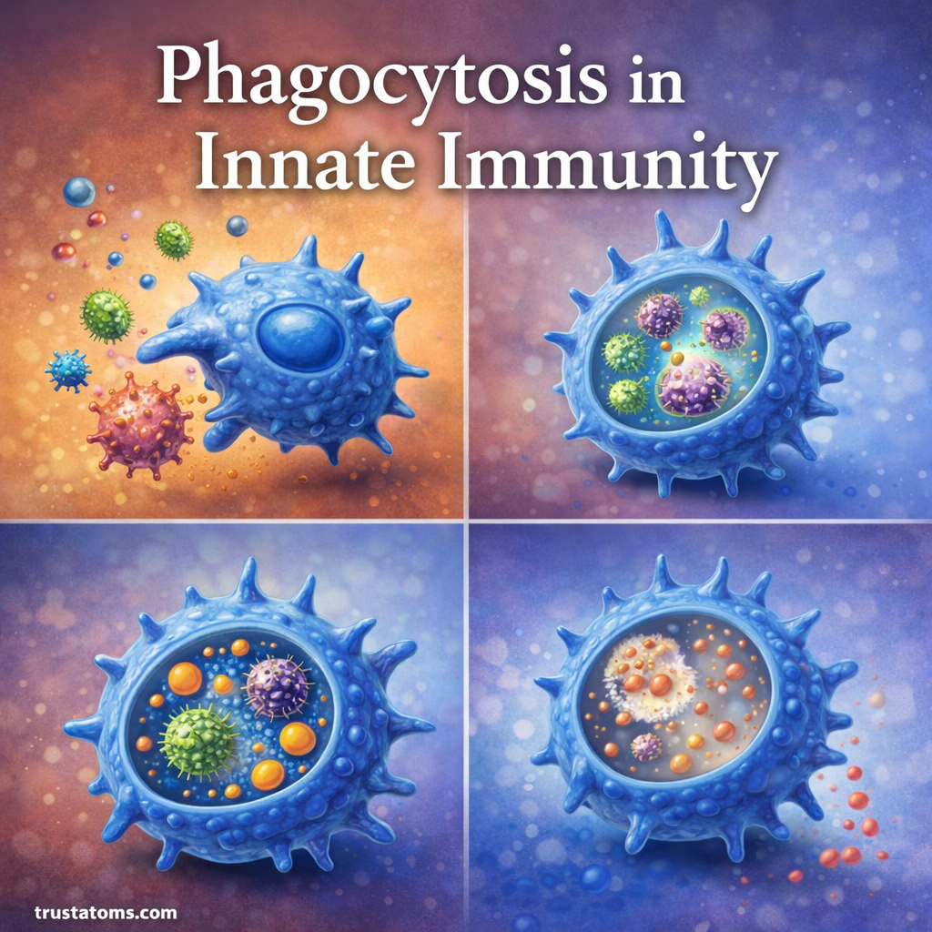 Illustration showing phagocytosis in innate immunity with immune cell engulfing and digesting pathogens in multiple stages.