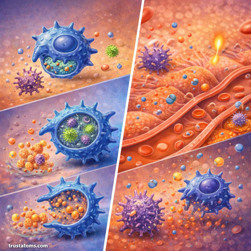 Split illustration showing phagocytosis process on one side and inflammatory immune response in tissue on the other.