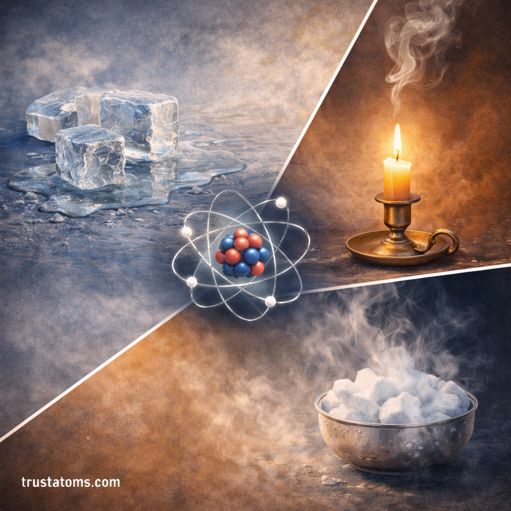Educational illustration showing phase changes of matter including melting ice, a burning candle producing vapor, and dry ice sublimating into gas.