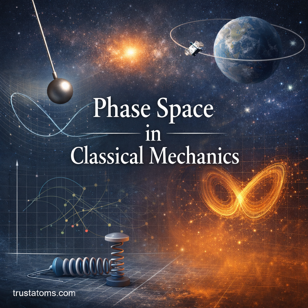 Conceptual illustration of phase space in classical mechanics showing a pendulum, mass-spring system, orbital motion, and phase space trajectories with title overlay.