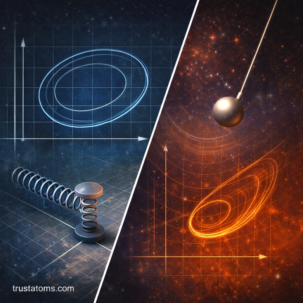 Diagonal split illustration comparing phase space trajectories of a mass-spring system and a pendulum, showing closed loop and spiral motion on grid backgrounds.