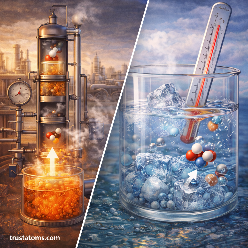 Split illustration showing industrial distillation and ice melting to demonstrate thermodynamic phase changes in chemical systems.