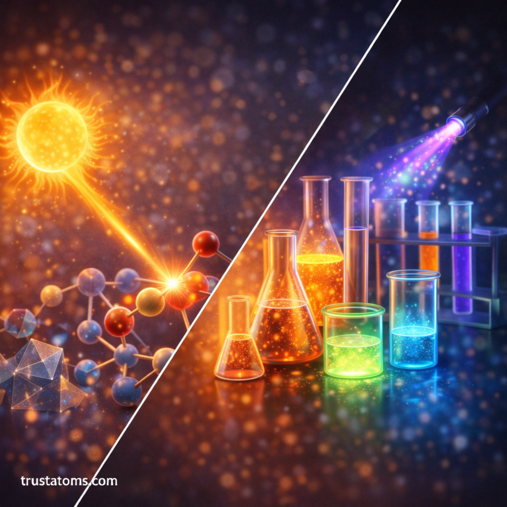 Split illustration showing sunlight exciting molecules on one side and laboratory photochemical reactions in glowing test tubes on the other. trustatoms.com.