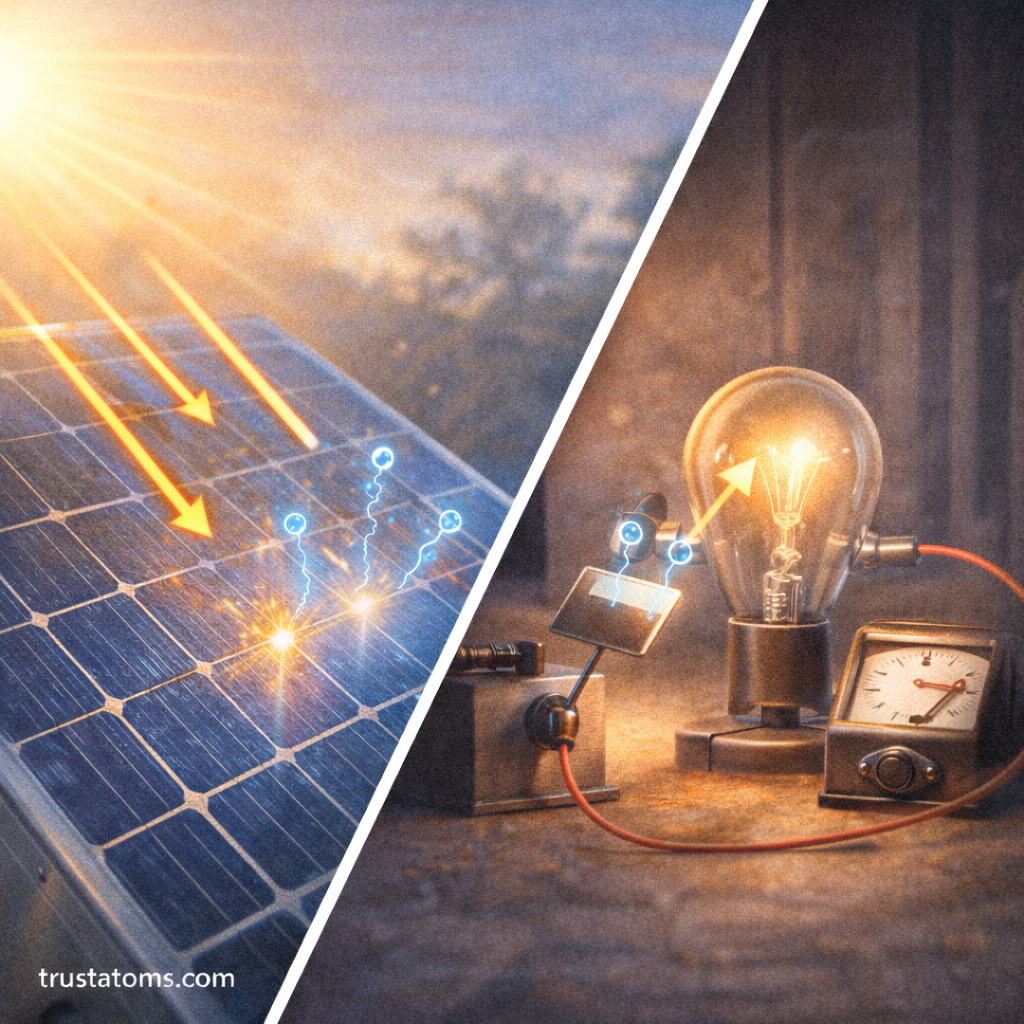 Split illustration showing sunlight hitting a solar panel producing electrons and a light sensor circuit responding to light.