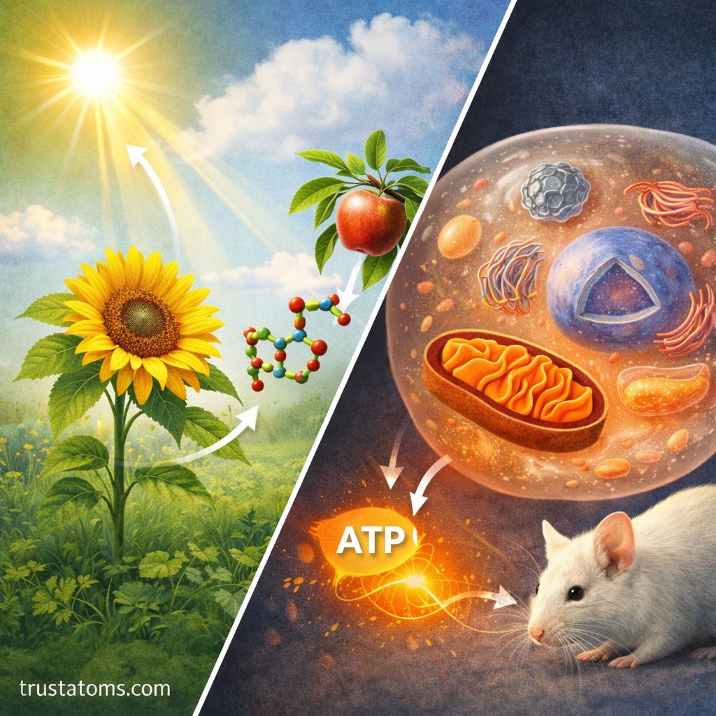 Educational split illustration showing photosynthesis in a sunflower using sunlight on one side and cellular respiration inside an animal cell producing ATP on the other.