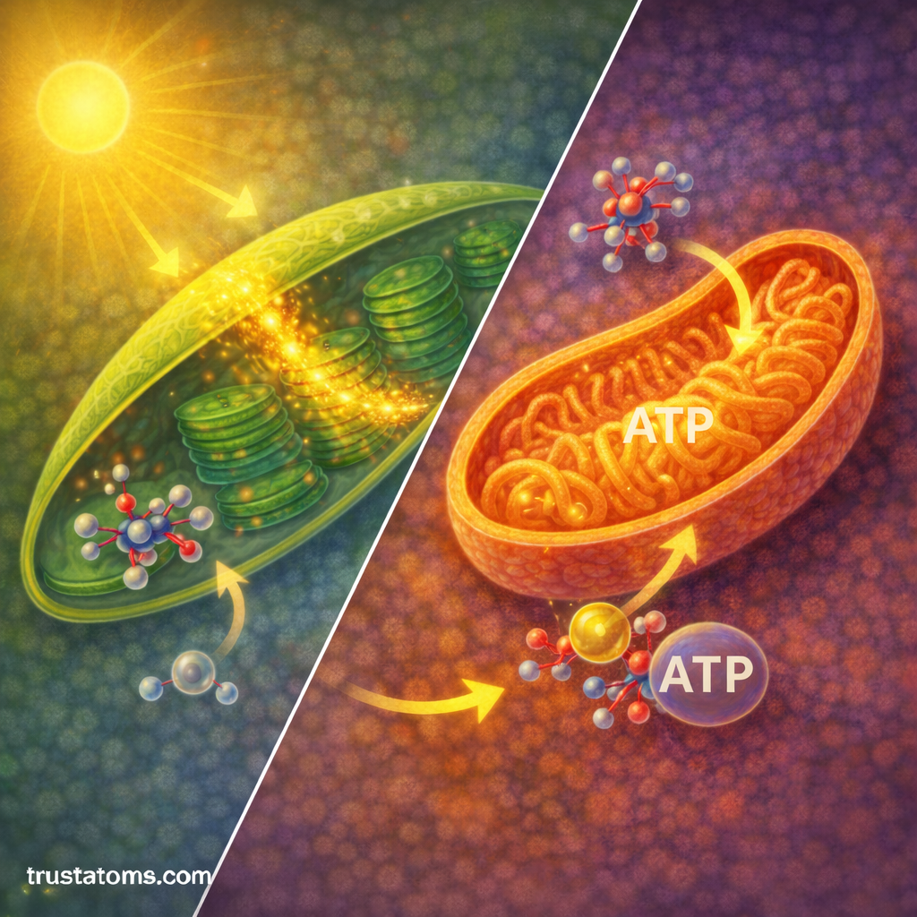 Split biology illustration showing photosynthesis in a plant chloroplast on one side and cellular respiration in a mitochondrion producing ATP on the other.