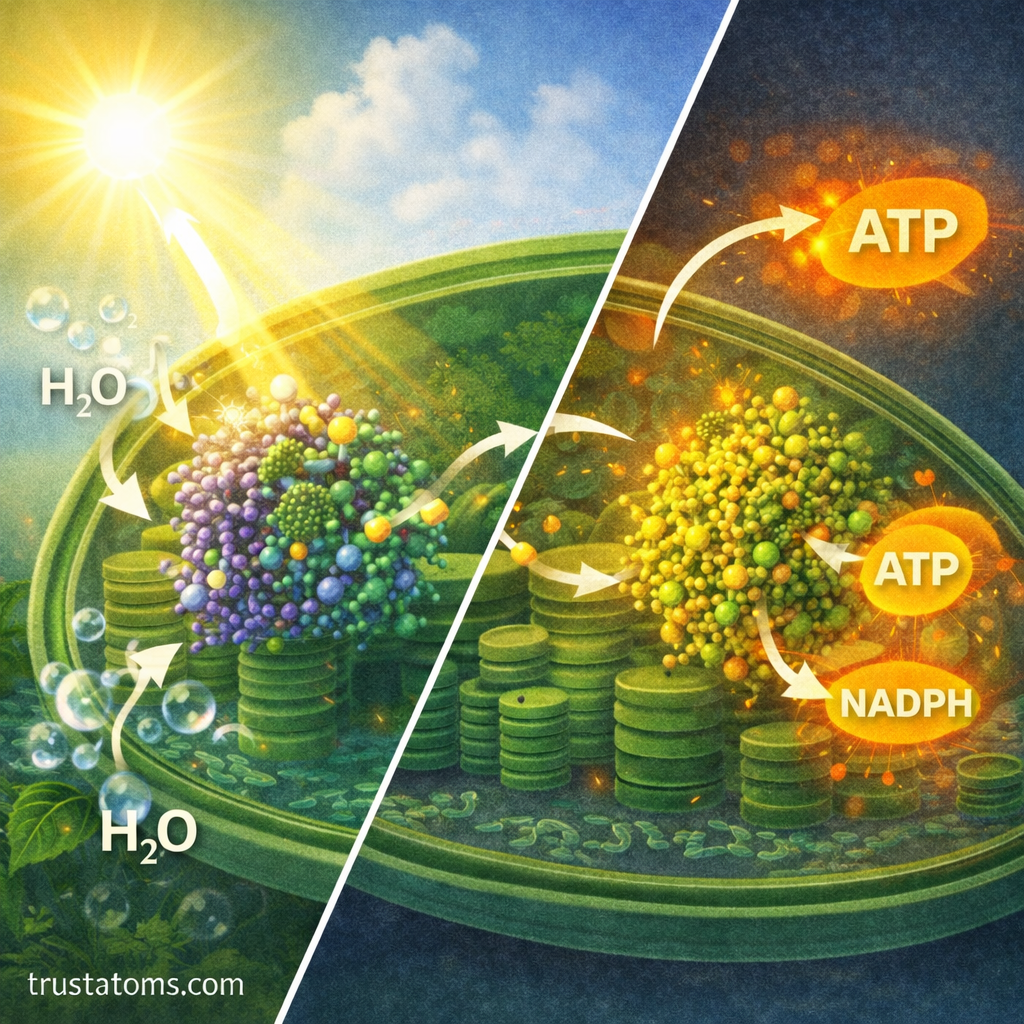 Split illustration showing Photosystem II splitting water with sunlight on one side and Photosystem I producing ATP and NADPH on the other.