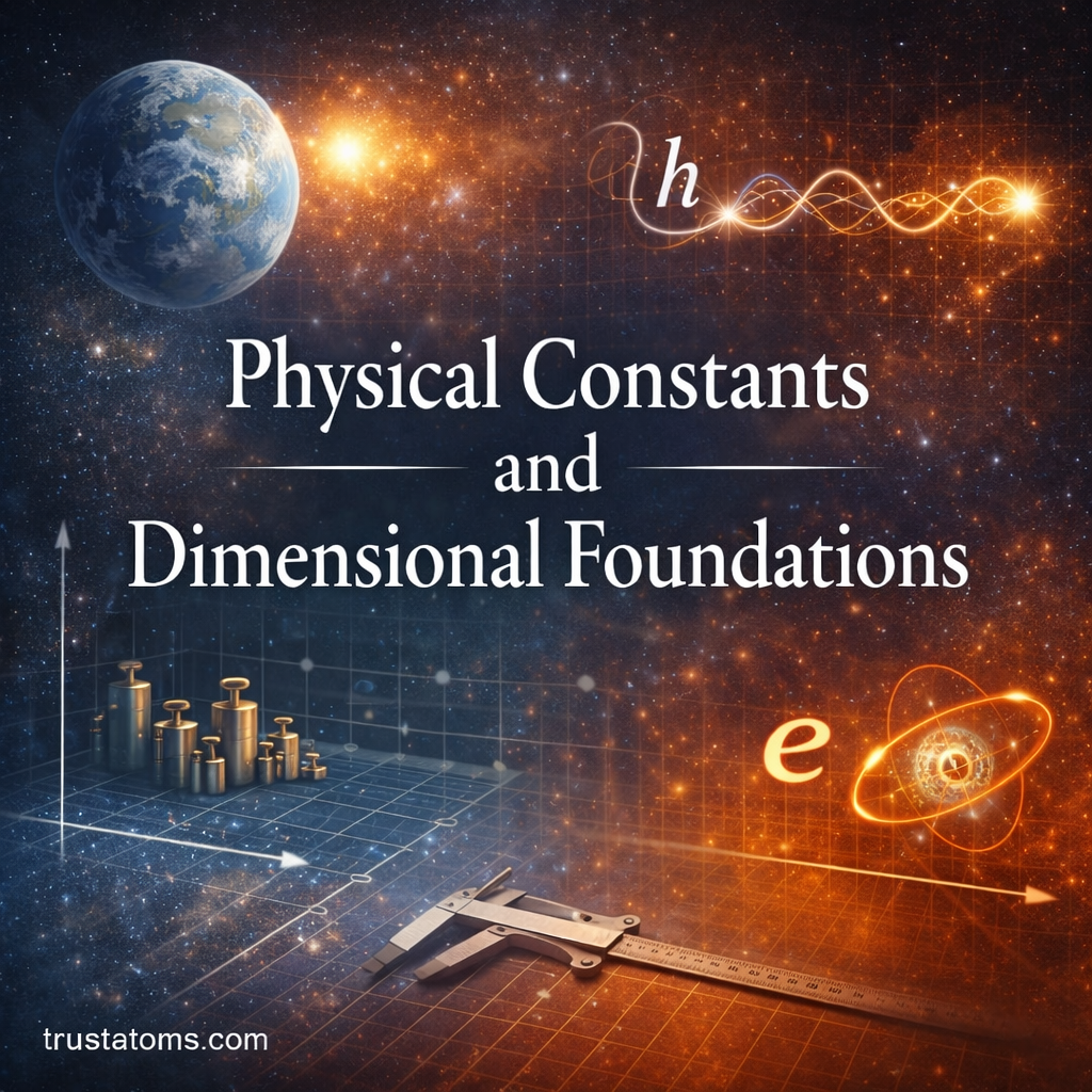Illustration representing physical constants and dimensional foundations with measurement tools, atomic model, planetary imagery, and conceptual physics elements.