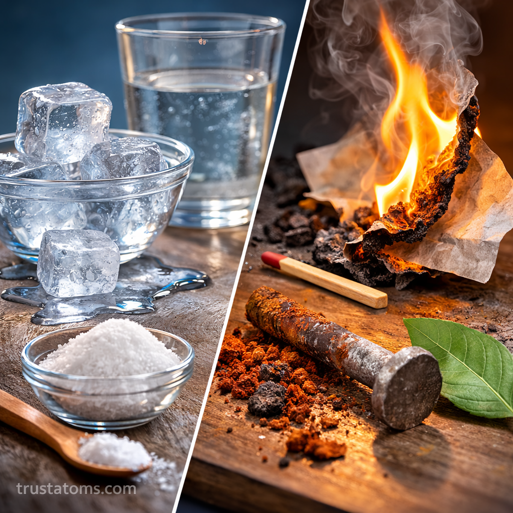 Split illustration showing physical property examples like cutting paper and a glowing light bulb compared with chemical changes such as rusting metal, burning material, and moldy bread.