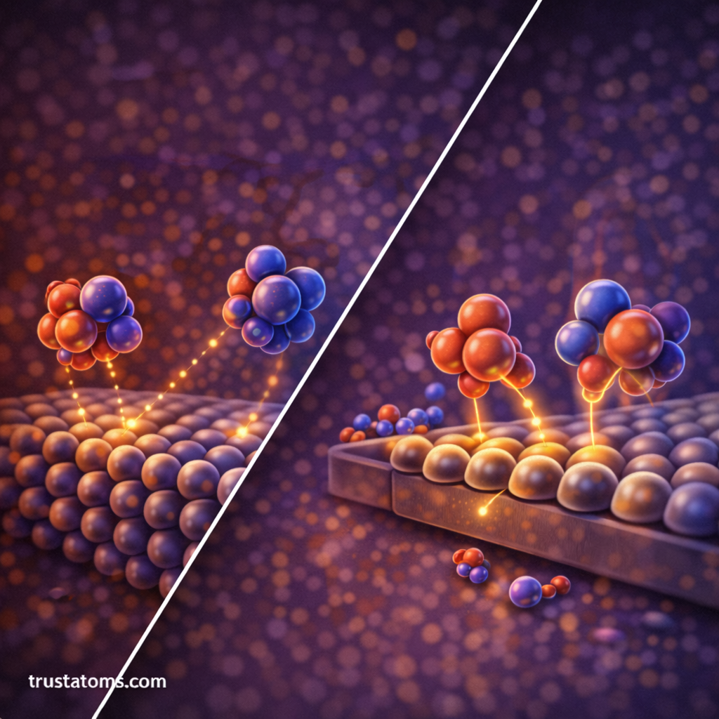 Split illustration showing weak physisorption interactions on one side and stronger chemisorption bonding on a catalyst surface on the other. trustatoms.com.