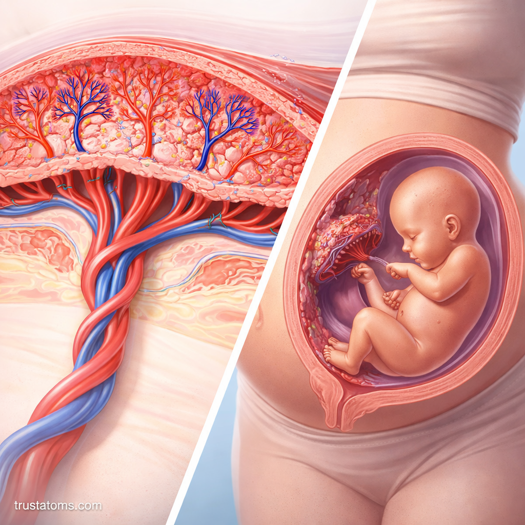 Split illustration showing placenta blood vessel structure and fetus connected by the umbilical cord inside the uterus.