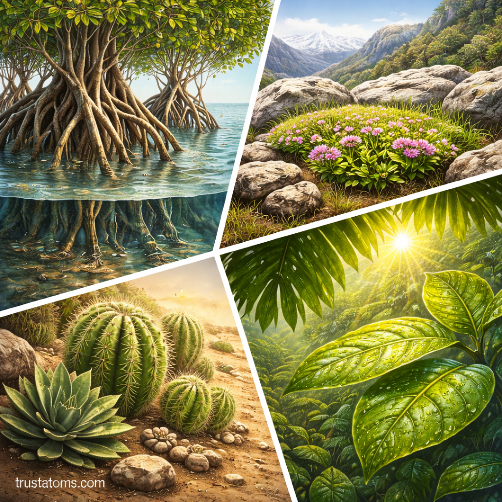 Split educational illustration showing plant adaptations in different habitats, including mangrove trees with exposed roots in coastal water, alpine cushion plants among rocks, desert cacti storing water, and broad rainforest leaves capturing sunlight.