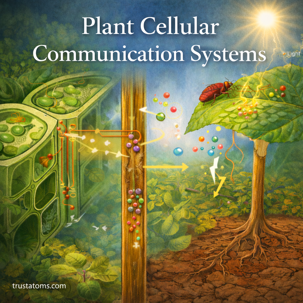 Illustration showing plant cellular communication with signals moving between plant cells and through plant tissues in response to environmental stimuli.