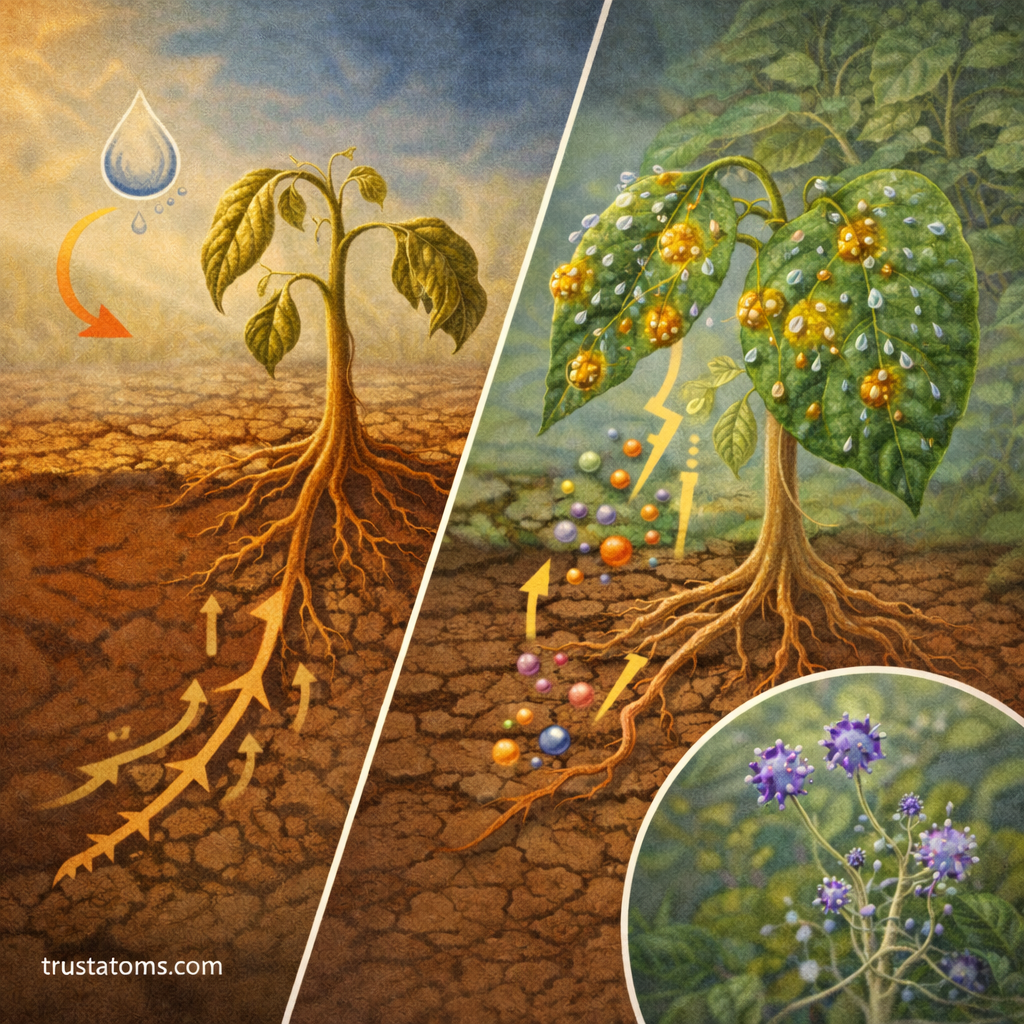 Split illustration showing plant drought stress with deep root growth on one side and plant disease response with defensive cellular signaling on the other.