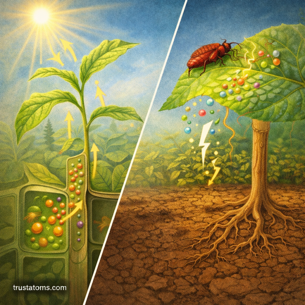 Split illustration showing a plant responding to sunlight on one side and triggering cellular defense signals after insect damage on the other.