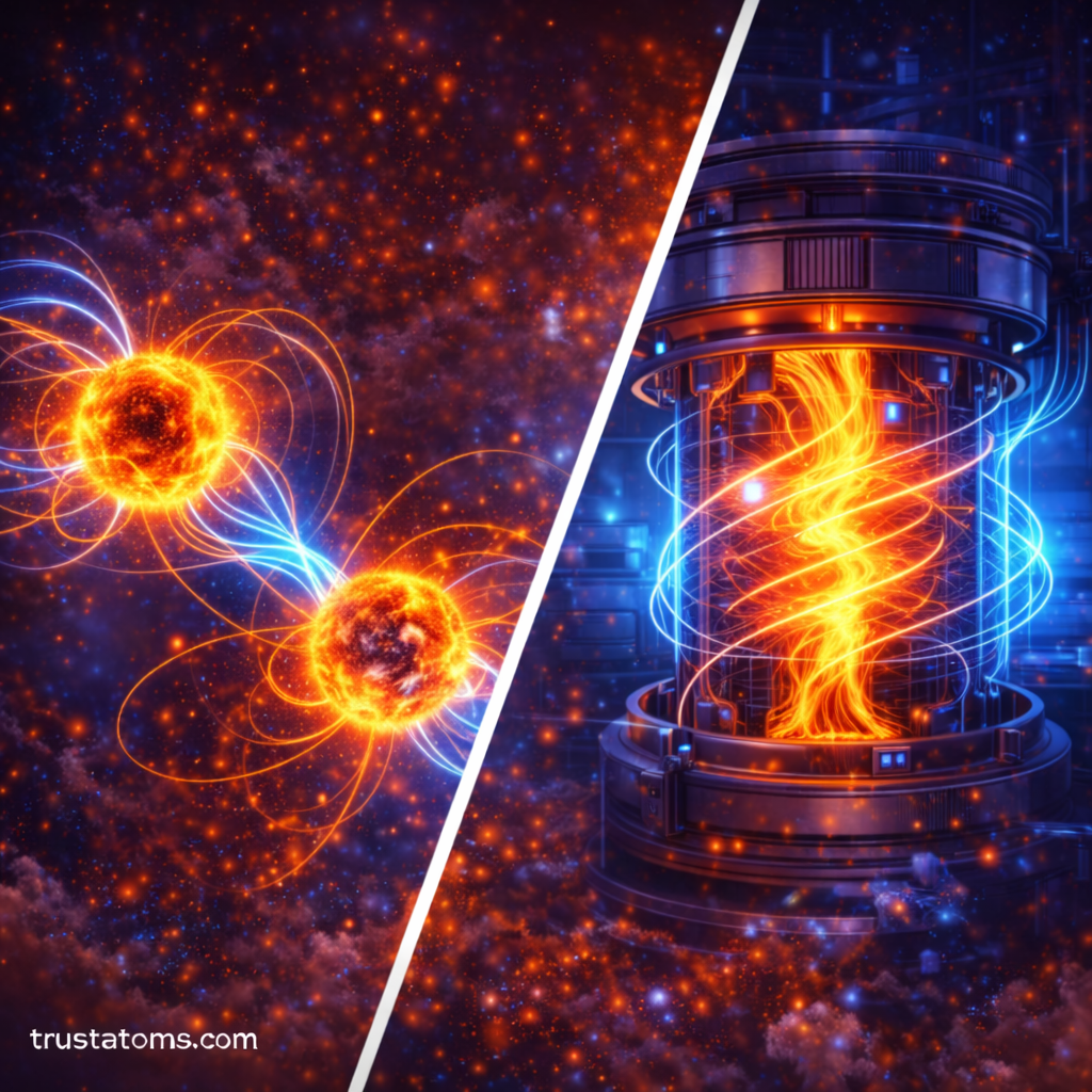 Diagonal split illustration showing interacting magnetized plasma in space and magnetically confined plasma inside a laboratory device with trustatoms.com watermark.