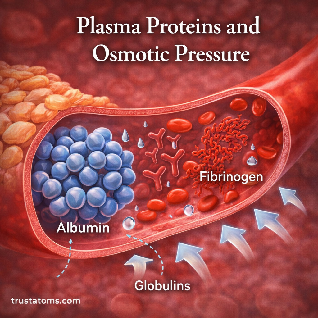 Illustration showing plasma proteins like albumin, globulins, and fibrinogen regulating osmotic pressure in a blood vessel.