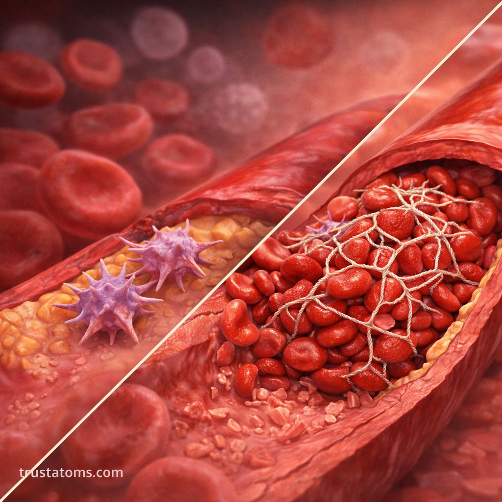 Split diagram showing platelets attaching to a damaged vessel wall and forming a clot with fibrin mesh.
