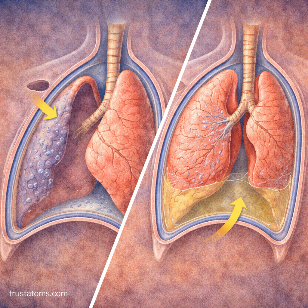 Split diagram showing pneumothorax with collapsed lung and pleural effusion with fluid buildup compressing the lung.