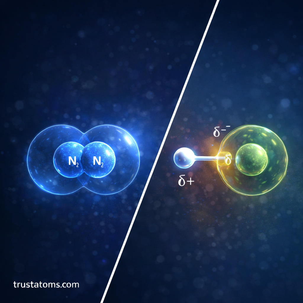 Split educational diagram showing equal electron sharing between identical atoms on one side and uneven electron sharing between different atoms on the other.