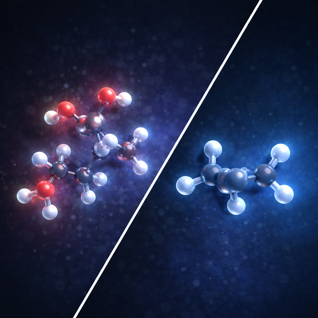 Split educational diagram comparing a complex polar molecule with an asymmetrical charge distribution and a symmetrical nonpolar hydrocarbon molecule.